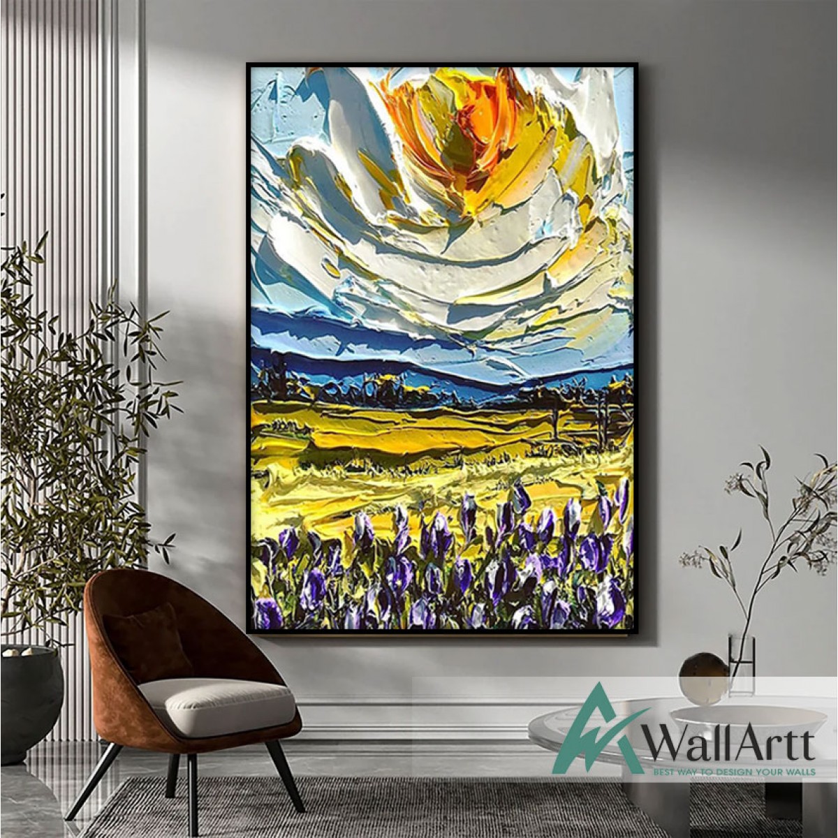 Orange Sun & Sunflowers 3d Heavy Textured Partial Oil Painting